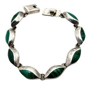 Vintage Taxco Mexico Green Malachite Sterling Silver Bracelet 29 Grams 7 Inch